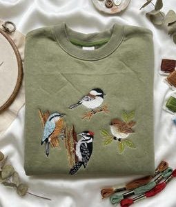 Embroidered Forest Birds Sweatshirt, Woodpecker Chickadee Nuthatch Crewneck, Bird Lover Gift, Nature Wildlife Shirt