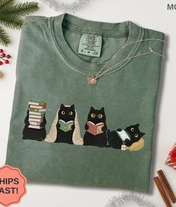 Black Cats Reading Shirt, Book Lover Cat Sweatshirt, Cozy Reader Gift For Her