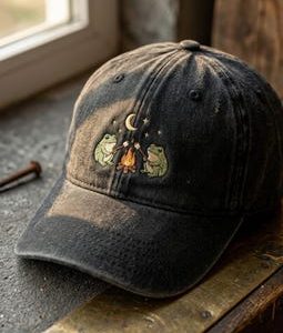 Embroidered Frog Campfire Hat: Cottagecore Cap