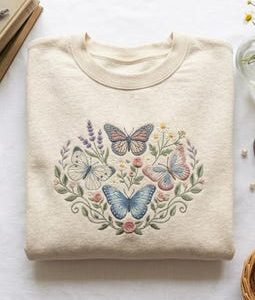 Cottagecore Butterfly Embroidered Sweatshirt, Aesthetic Wildflower Crewneck ,Nature Inspired Boho Pullover ,Gift for Nature Lovers