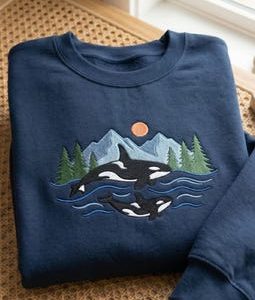 Embroidered Two Orcas Sweatshirt, Killer Whale Marine Lover Jumper, Pacific Northwest Mountain Wildlife Hoodie