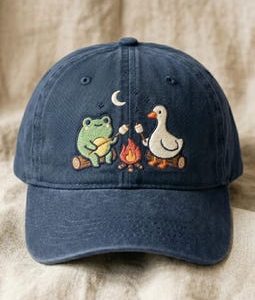 Embroidered Frog and Goose Campfire Baseball Cap, Cottagecore Camping Dad Hat, Cozy Forest Animal Gift Hat, Funny Nature Lover Hat