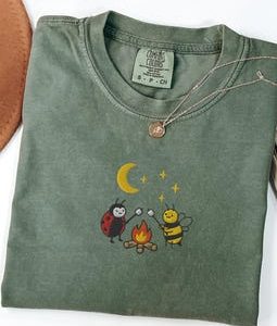 Bee & Ladybug Campfire Shirt | Embroidered Comfort Colors Tee | Cottagecore Gift