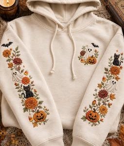 Сute Ghost Cat Embroidered Shirt, Spooky Flower Embroidery Sweatshirt, Spooky Season Hoodie, Fall Lover Gift, Fall Quotes Hoodie