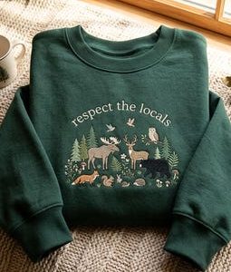 Embroidered Forest Animals Sweatshirt, Respect Locals Nature Graphic Top