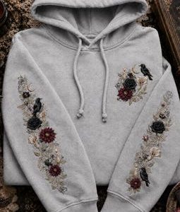 Flying Floral Raven Embroidered Shirt, Floral Gothic Embroidery Sweatshirt, Raven Crow Hoodie, Horror Lover Gift, Halloween Quotes Hoodie